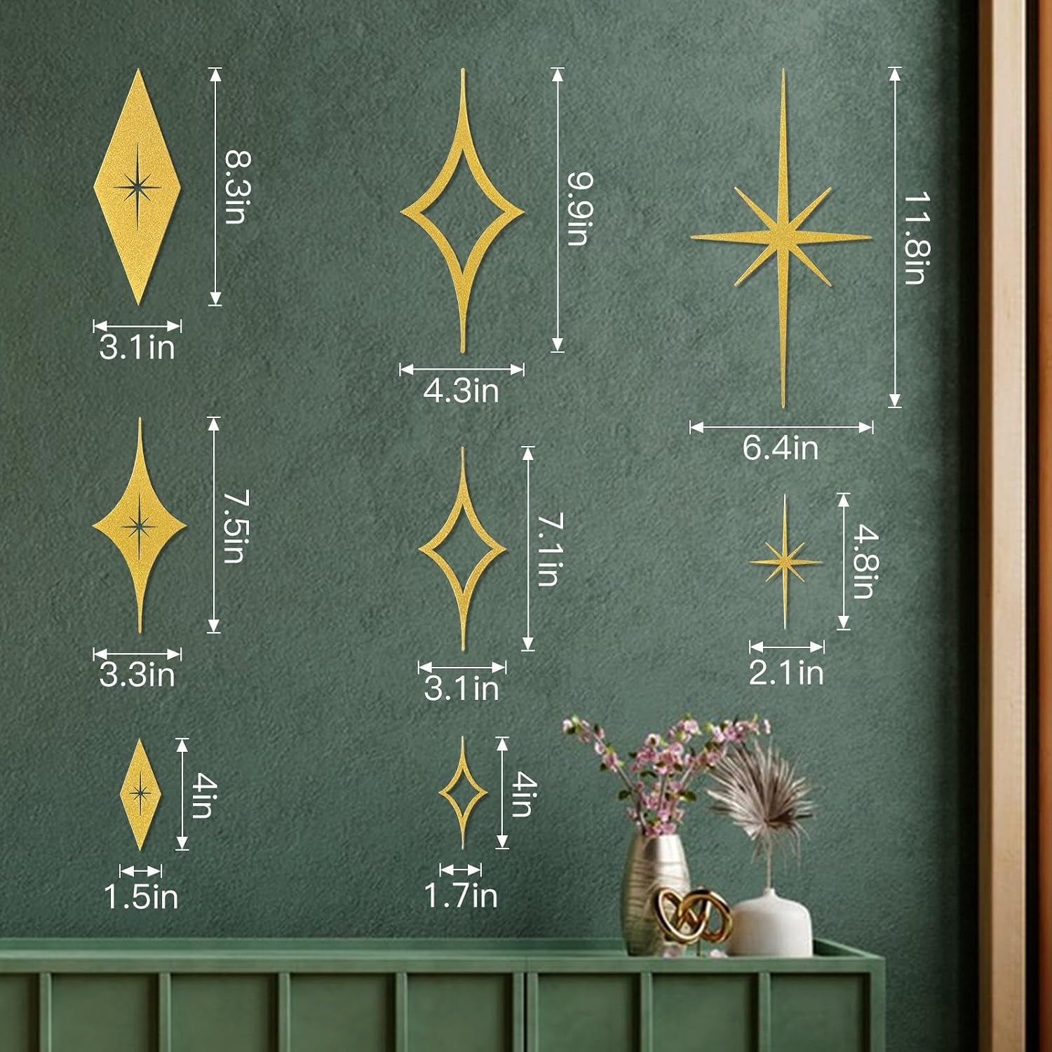 8 Piece Metal Mid Century Modern Wall Art Decor Vintage Style Gold Starburst Metal Wall Art Decor Mid Century Modern Star Bursts Decor for Living Room Bedroom Home Bathroom (Gold)