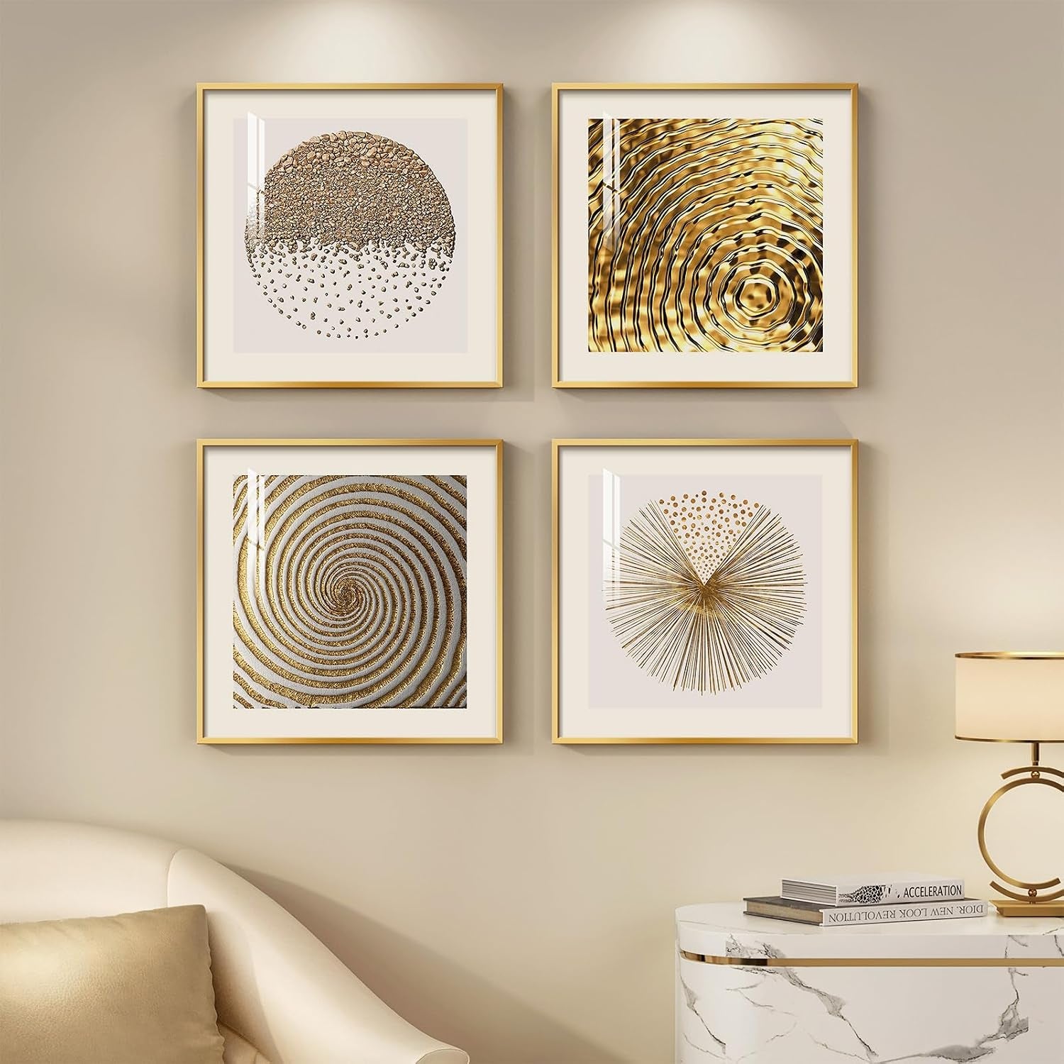 Framed Gold Modern Wall Art Prints, Set of 4 Piece Abstract Geometric White and Gold Wall Decor, Minimalist Contemporary Glam Square Wall Art for Dining Room Bedroom Office, 12X12 Inch