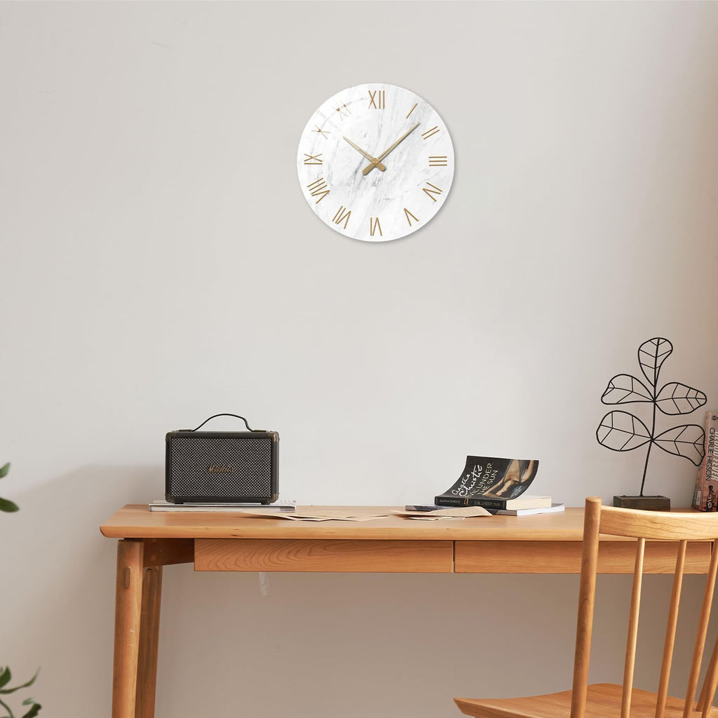 Round Marble Battery Wall Clock Modern 14 Inch White Minimalist Wall Clock for Kitchen Quartz Glass Silent Clock for Wall