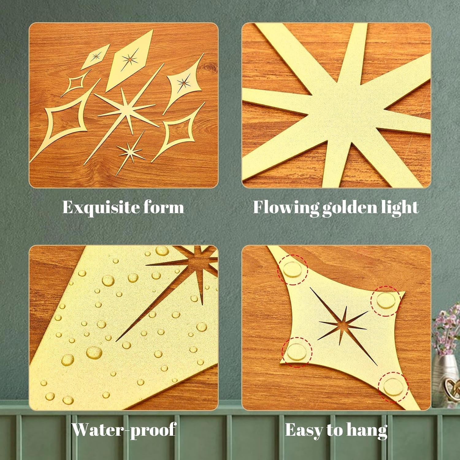 8 Piece Metal Mid Century Modern Wall Art Decor Vintage Style Gold Starburst Metal Wall Art Decor Mid Century Modern Star Bursts Decor for Living Room Bedroom Home Bathroom (Gold)