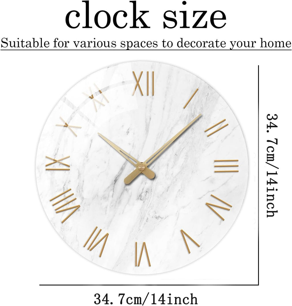 Round Marble Battery Wall Clock Modern 14 Inch White Minimalist Wall Clock for Kitchen Quartz Glass Silent Clock for Wall