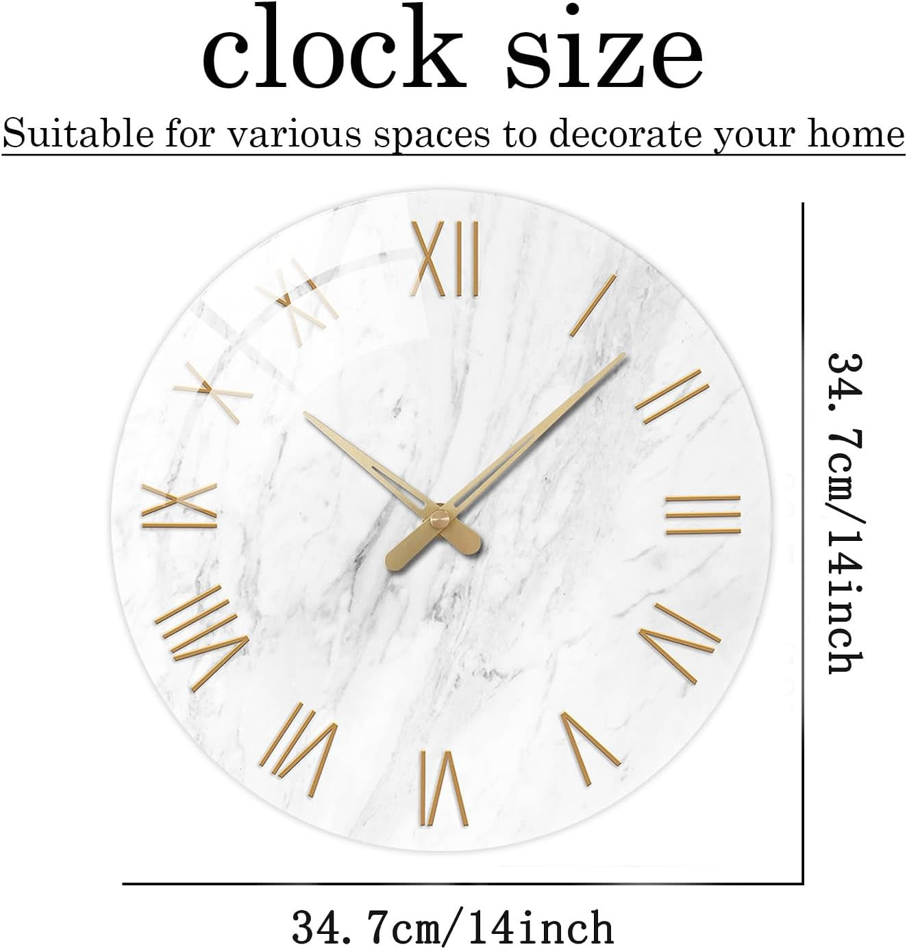 Round Marble Battery Wall Clock Modern 14 Inch White Minimalist Wall Clock for Kitchen Quartz Glass Silent Clock for Wall