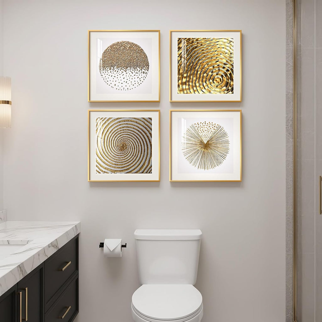Framed Gold Modern Wall Art Prints, Set of 4 Piece Abstract Geometric White and Gold Wall Decor, Minimalist Contemporary Glam Square Wall Art for Dining Room Bedroom Office, 12X12 Inch