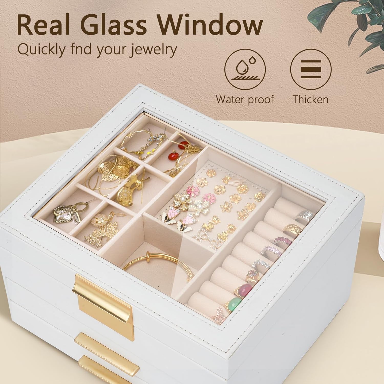 Jewelry Box for Women, 3-Layer Jewelry Box, Jewelry Organizer with Clear Glass Lid and Drawers, Jewelry Organizers and Storage for Necklaces, Rings, Earrings, Bracelets(White)