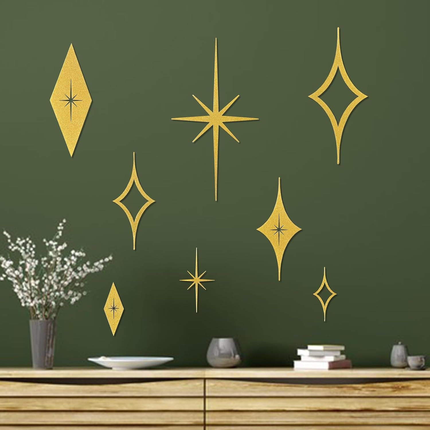 8 Piece Metal Mid Century Modern Wall Art Decor Vintage Style Gold Starburst Metal Wall Art Decor Mid Century Modern Star Bursts Decor for Living Room Bedroom Home Bathroom (Gold)