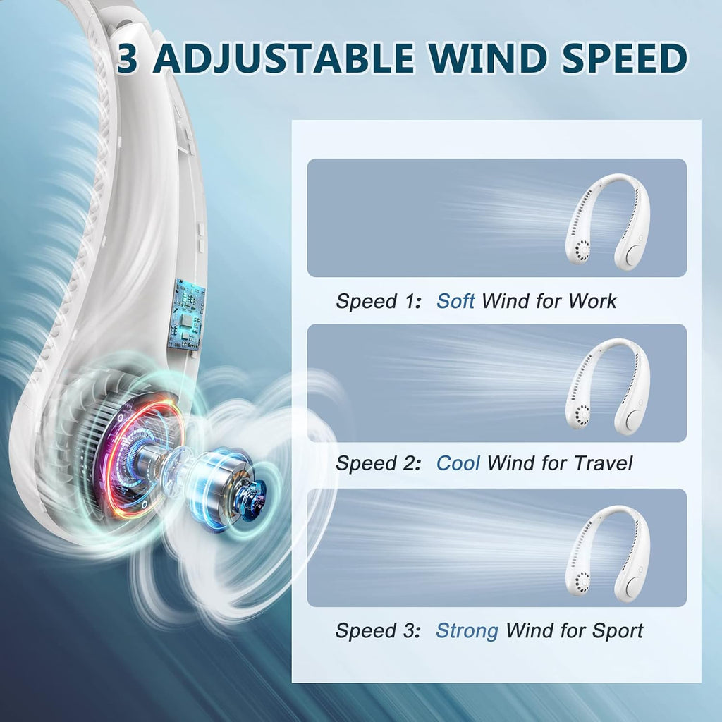 Portable Neck Fan, Bladeless Hanging Fan with 360° Airflow & 3 Speeds, USB Rechargeable Wearable Cooling Fan for Sports, Home, Office, Camping, Hiking, Indoor and Outdoor Use for Men and Women