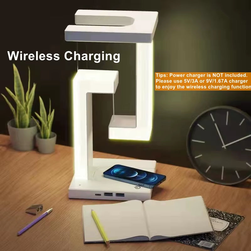 Floating Desk Lamp with Wireless Charger, USB Output Charging Port, Charging Dock Station for Iphone, Bedside Lamp Table Lamp