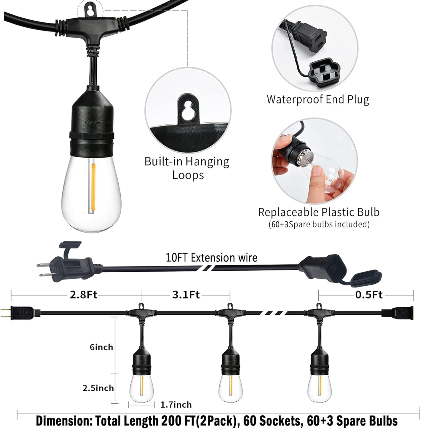 200FT String Lights for outside LED Patio Lights Outdoor Waterproof with 63 Shatteproof Edison Lights Outdoor String Lights 2200K for Patio Gazebo Pergola Café