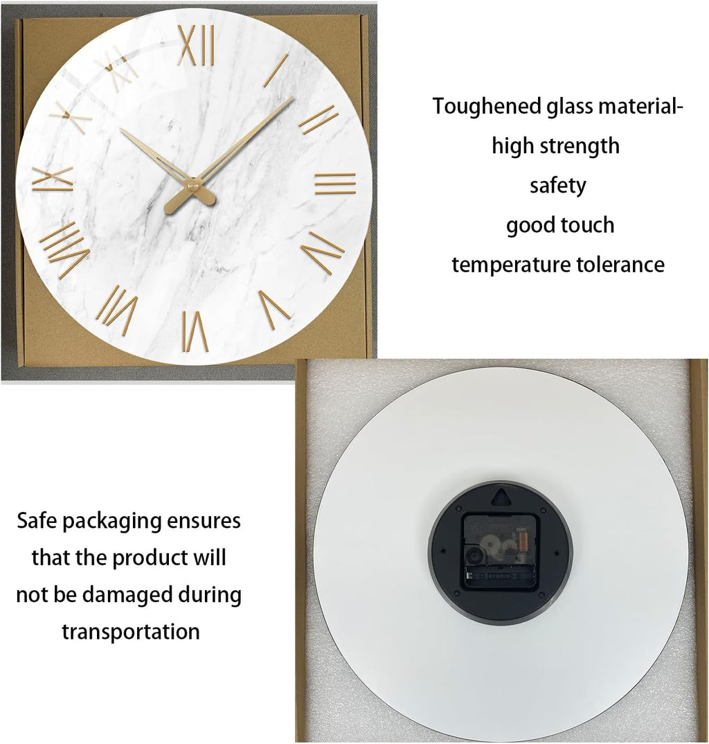 Round Marble Battery Wall Clock Modern 14 Inch White Minimalist Wall Clock for Kitchen Quartz Glass Silent Clock for Wall