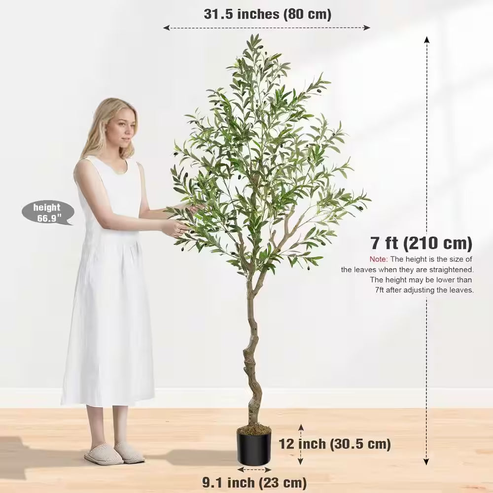 New Year Trees 7 Ft. Artificial Olive Tree 84In Fake Plants with Black Pot Indoor Outdoor Bedroom Living Room Office Dec