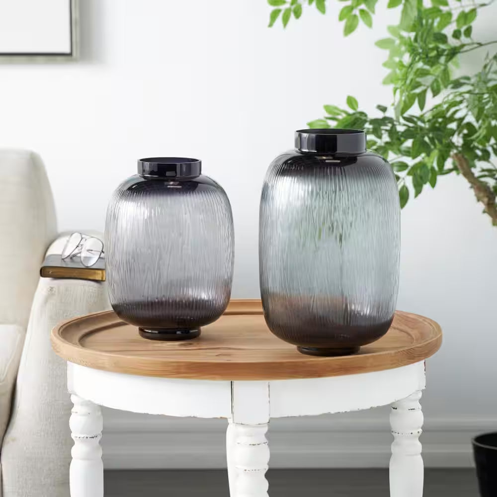 Black Textured Ombre Glass Decorative Vase (Set of 2)