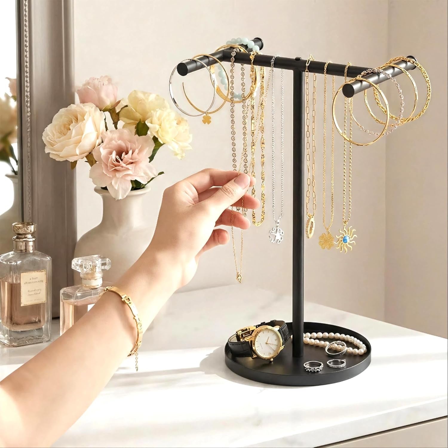 Necklace Holder Organizer, Metal Jewelry Stand to Prevent Bangles, Necklaces, Bracelets, Rings, Earrings and Watch Tangling