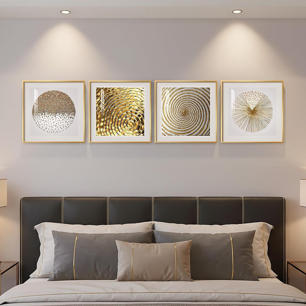 Framed Gold Modern Wall Art Prints, Set of 4 Piece Abstract Geometric White and Gold Wall Decor, Minimalist Contemporary Glam Square Wall Art for Dining Room Bedroom Office, 12X12 Inch