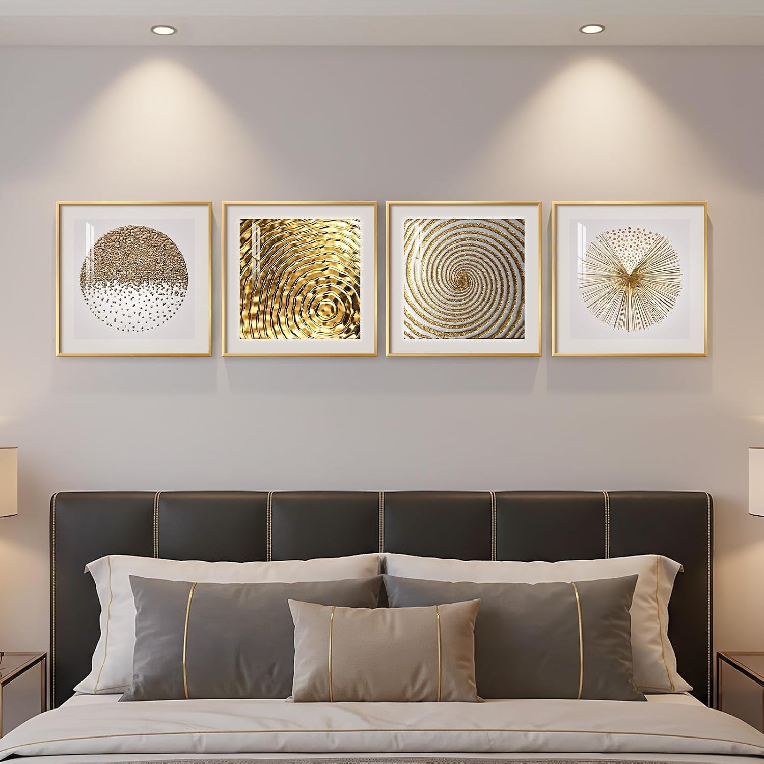 Framed Gold Modern Wall Art Prints, Set of 4 Piece Abstract Geometric White and Gold Wall Decor, Minimalist Contemporary Glam Square Wall Art for Dining Room Bedroom Office, 12X12 Inch