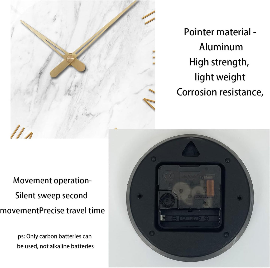 Round Marble Battery Wall Clock Modern 14 Inch White Minimalist Wall Clock for Kitchen Quartz Glass Silent Clock for Wall