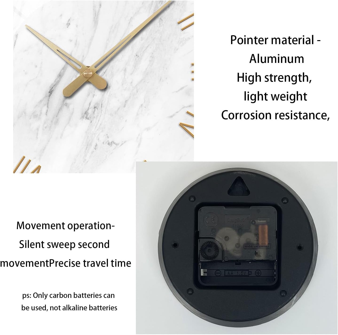 Round Marble Battery Wall Clock Modern 14 Inch White Minimalist Wall Clock for Kitchen Quartz Glass Silent Clock for Wall