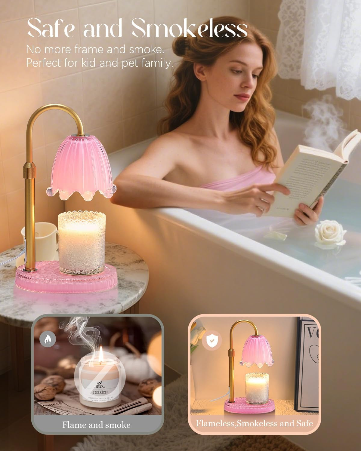 Flower Candle Warmer Lamp with Timer, Vintage Adjustable Glass Warmer Light for Jar Candles, Electric Wax Warming Melter, Gifts for Women Mom, Bedroom Decor (Pink-Flower)