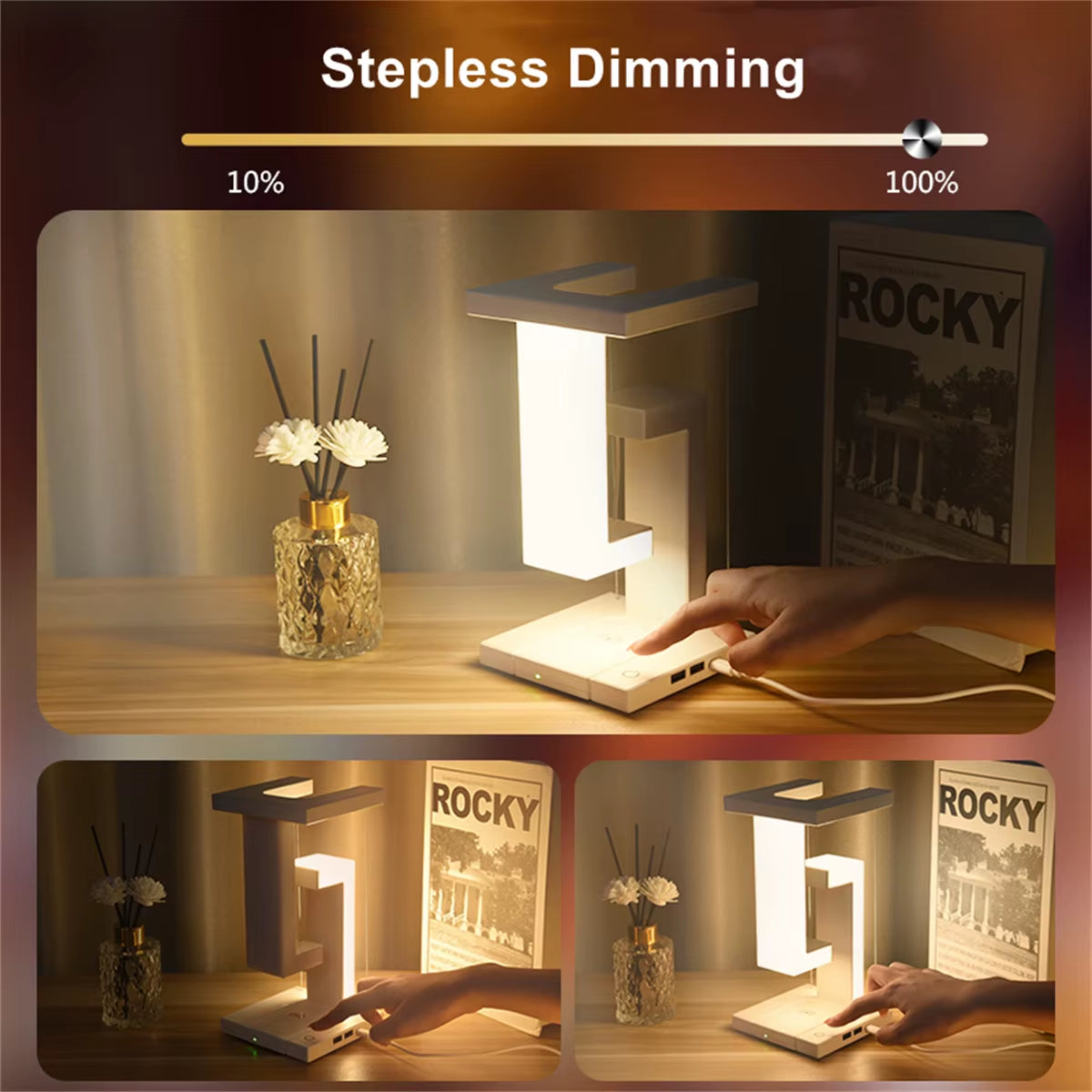 Floating Desk Lamp with Wireless Charger, USB Output Charging Port, Charging Dock Station for Iphone, Bedside Lamp Table Lamp