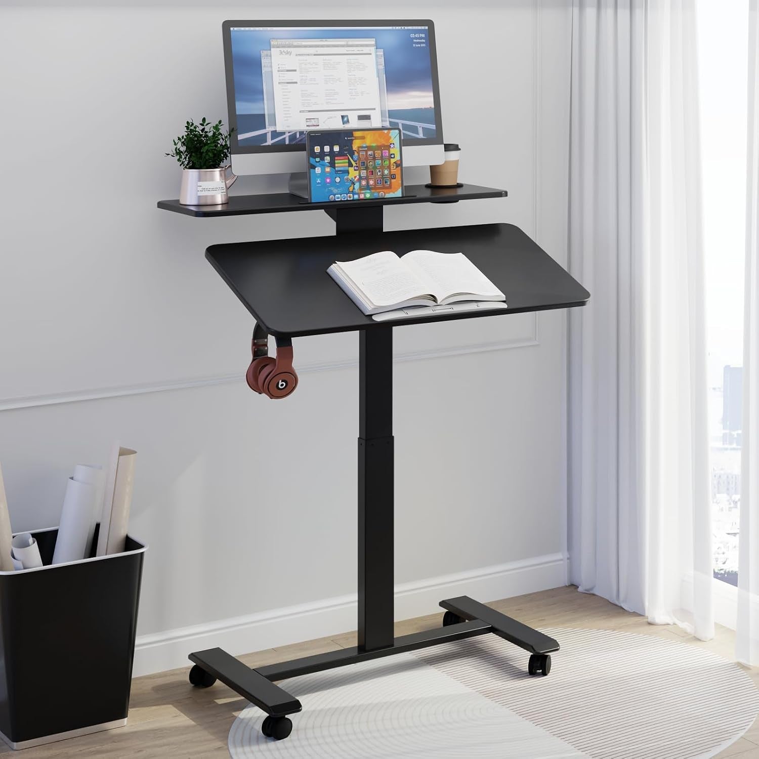 Pneumatic Standing Desk with Wheels - Adjustable Height 28" - 46" & 0-90° Tilt, 31.5" X 17.7" Skin-Feel Desktop, Rolling Computer Desk for Home Office, Hospital, School (Black)