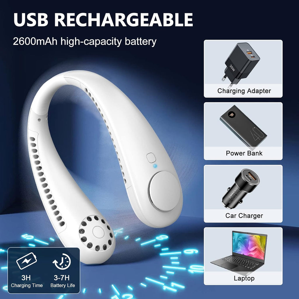Portable Neck Fan, Bladeless Hanging Fan with 360° Airflow & 3 Speeds, USB Rechargeable Wearable Cooling Fan for Sports, Home, Office, Camping, Hiking, Indoor and Outdoor Use for Men and Women