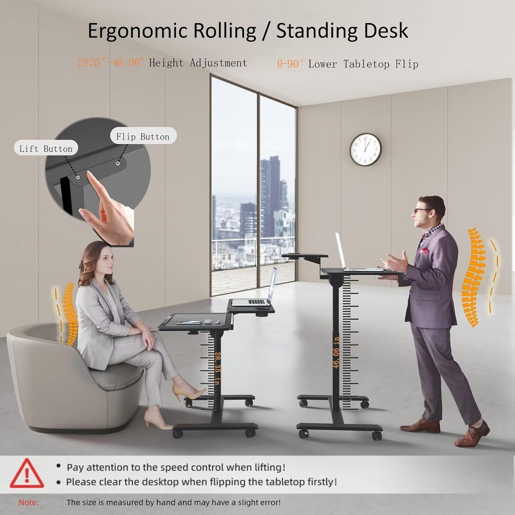 Pneumatic Standing Desk with Wheels - Adjustable Height 28" - 46" & 0-90° Tilt, 31.5" X 17.7" Skin-Feel Desktop, Rolling Computer Desk for Home Office, Hospital, School (Black)