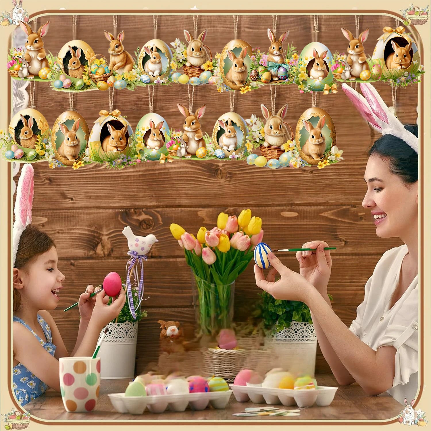 18Pcs/Set Easter Ornament, 2D Wooden Pendant, Home Decoration, Courtyard Garden Decoration, Holiday Decoration