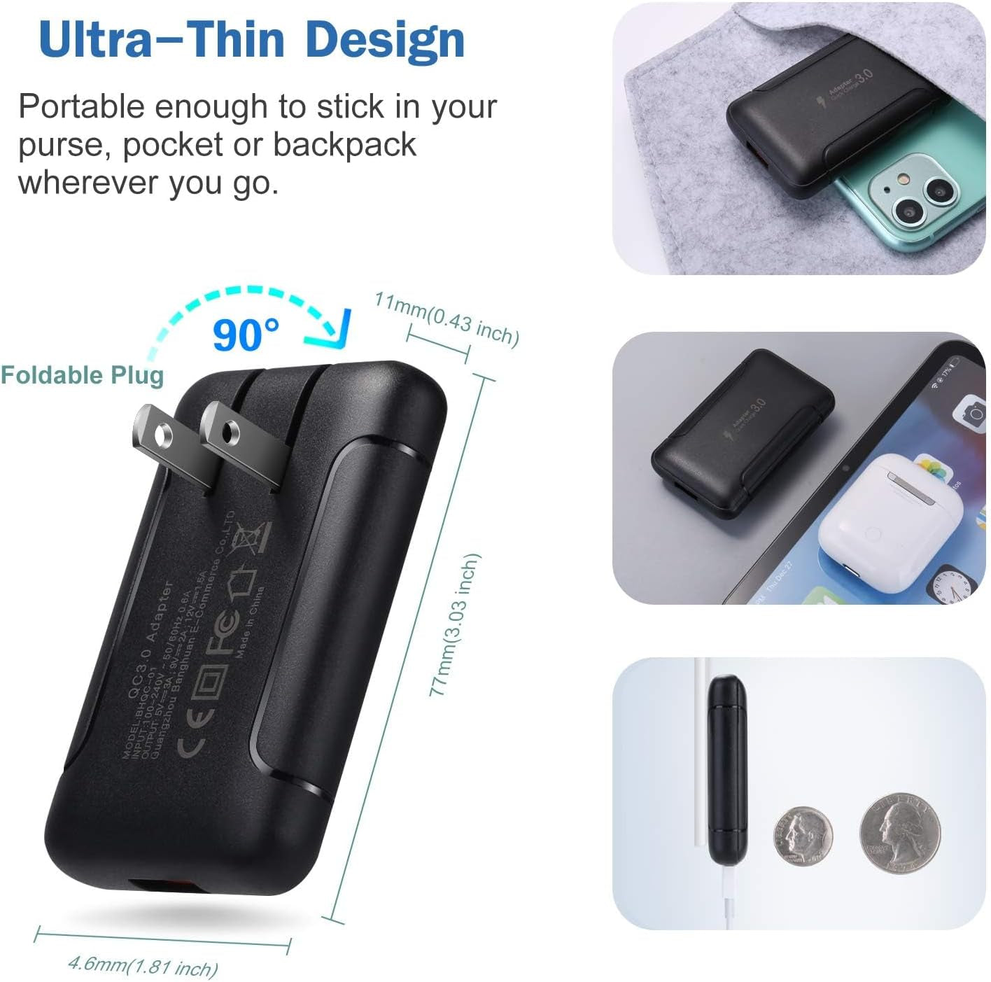 Ultra Slim Flat Portable USB Wall Charger Plug, 2 Pack Black