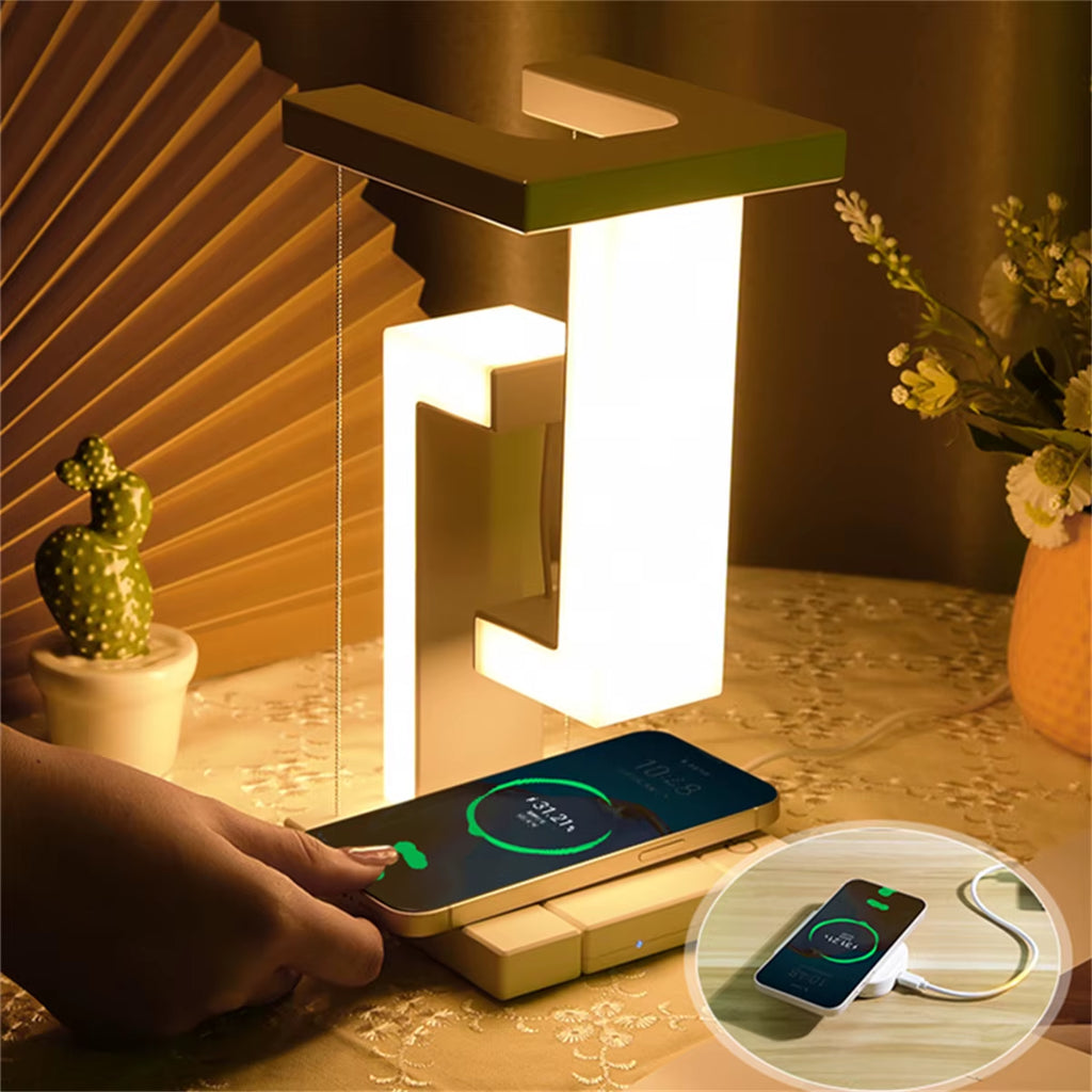 Floating Desk Lamp with Wireless Charger, USB Output Charging Port, Charging Dock Station for Iphone, Bedside Lamp Table Lamp