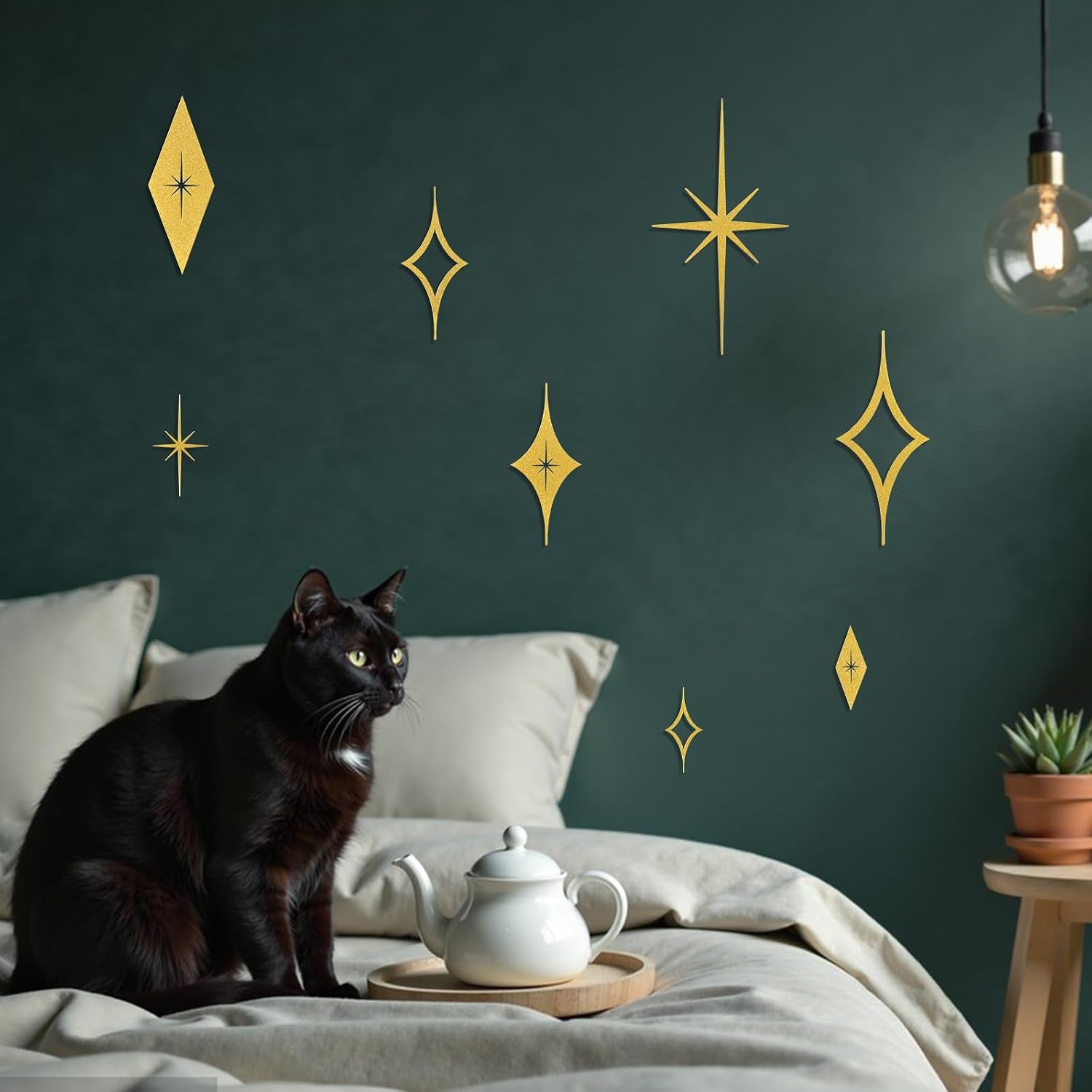 8 Piece Metal Mid Century Modern Wall Art Decor Vintage Style Gold Starburst Metal Wall Art Decor Mid Century Modern Star Bursts Decor for Living Room Bedroom Home Bathroom (Gold)