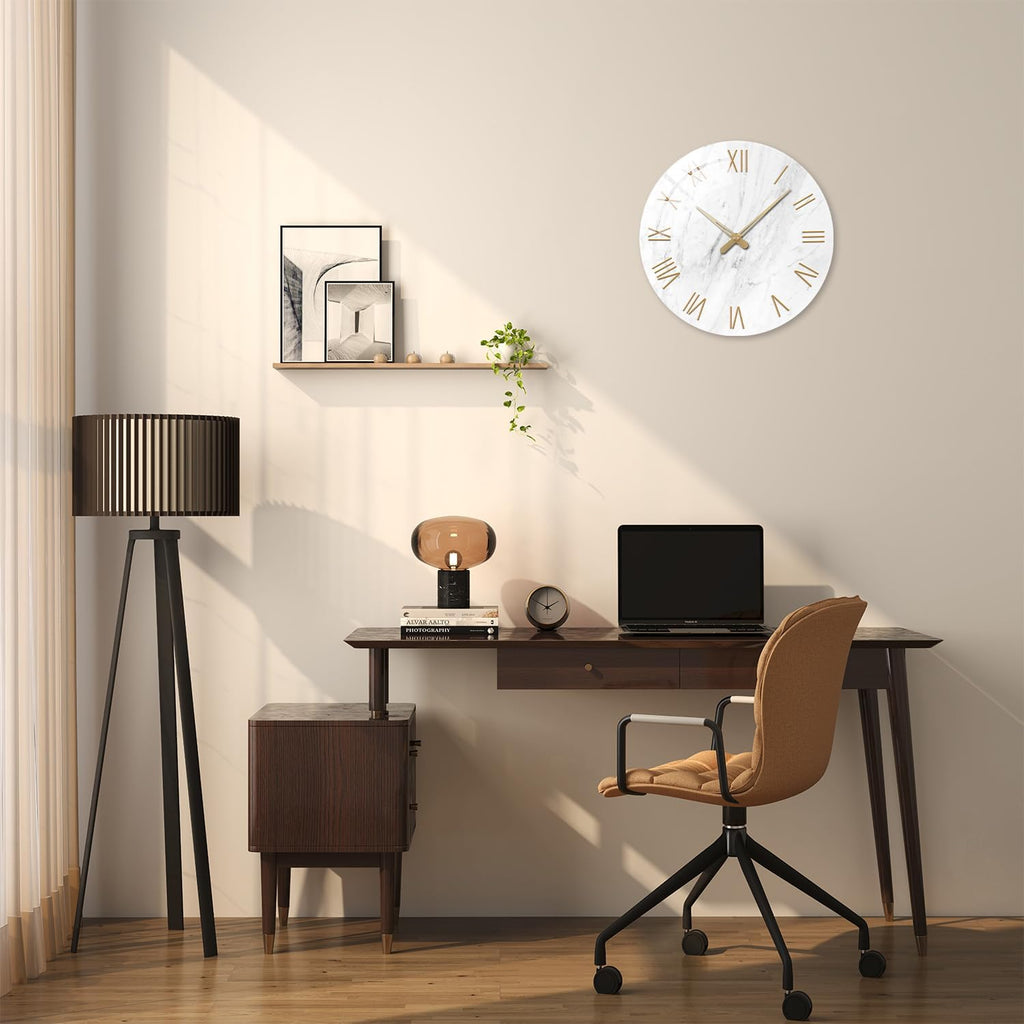 Round Marble Battery Wall Clock Modern 14 Inch White Minimalist Wall Clock for Kitchen Quartz Glass Silent Clock for Wall