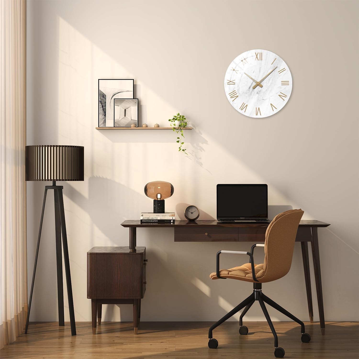 Round Marble Battery Wall Clock Modern 14 Inch White Minimalist Wall Clock for Kitchen Quartz Glass Silent Clock for Wall