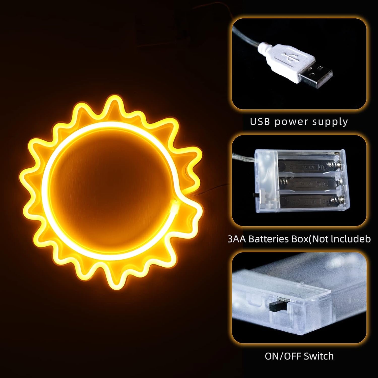 Sun Neon Signs, Neon Lights Signs Sunflower Warm White Light up Signs for Wall Decor Battery and USB Operated Neon Decorative Lights for Home, Bedroom, Bar, Party, Wedding, Christmas