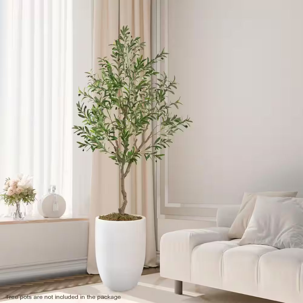 New Year Trees 7 Ft. Artificial Olive Tree 84In Fake Plants with Black Pot Indoor Outdoor Bedroom Living Room Office Dec