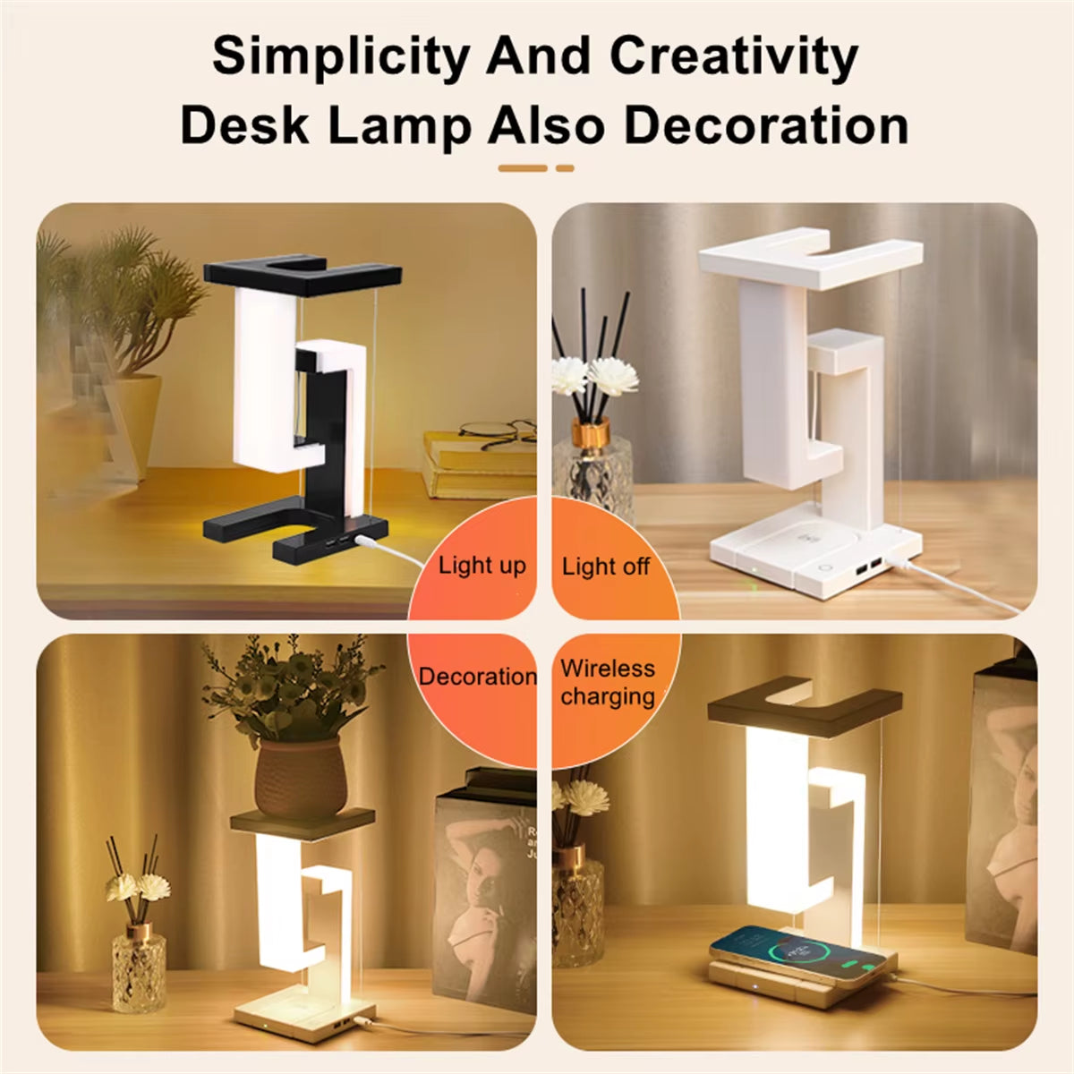 Floating Desk Lamp with Wireless Charger, USB Output Charging Port, Charging Dock Station for Iphone, Bedside Lamp Table Lamp