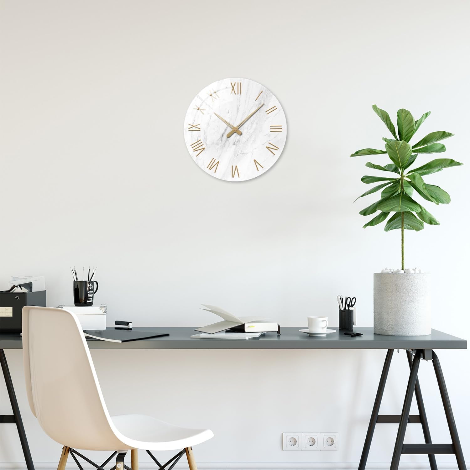 Round Marble Battery Wall Clock Modern 14 Inch White Minimalist Wall Clock for Kitchen Quartz Glass Silent Clock for Wall
