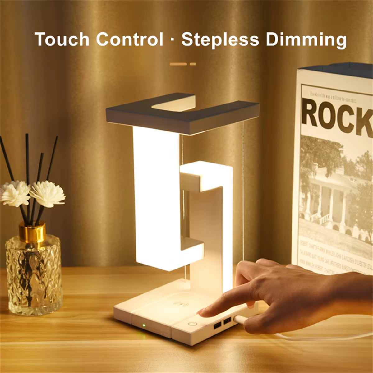 Floating Desk Lamp with Wireless Charger, USB Output Charging Port, Charging Dock Station for Iphone, Bedside Lamp Table Lamp